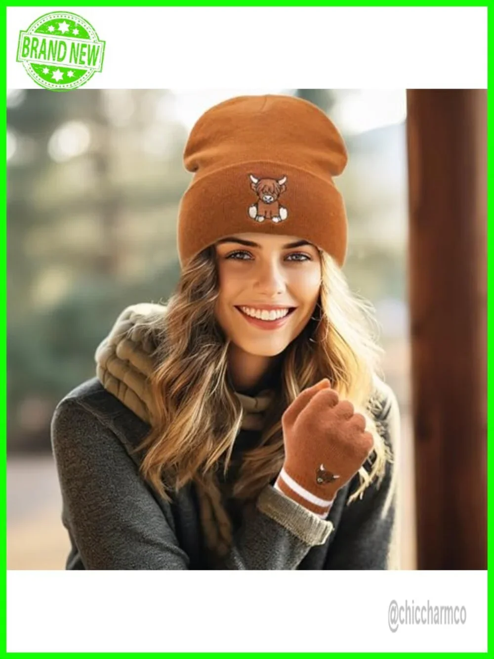 Women's Winter Knitted Highland Cow Beanie & Touchscreen Gloves Set